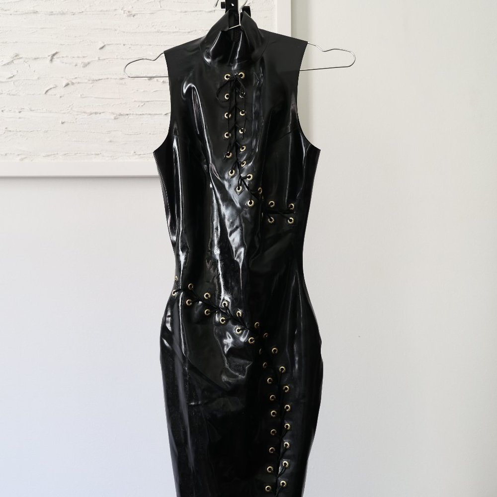 William Wilde Priestess Latex Dress (Bodycon Midi w Gold Hardware) - XS